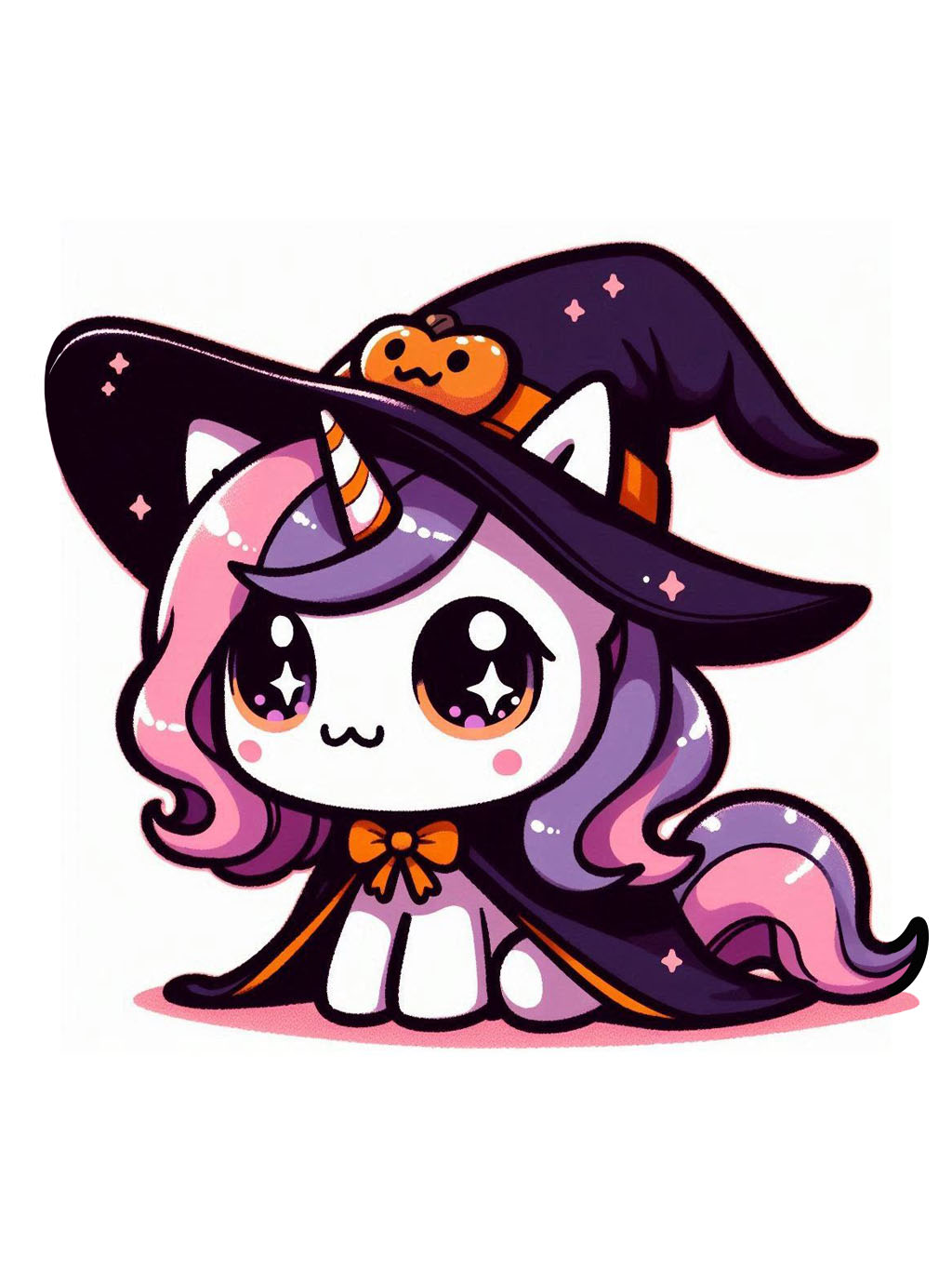 Halloween unicorn illustration ideas featuring a cute unicorn wearing a witch's hat and cloak with a pumpkin accessory.